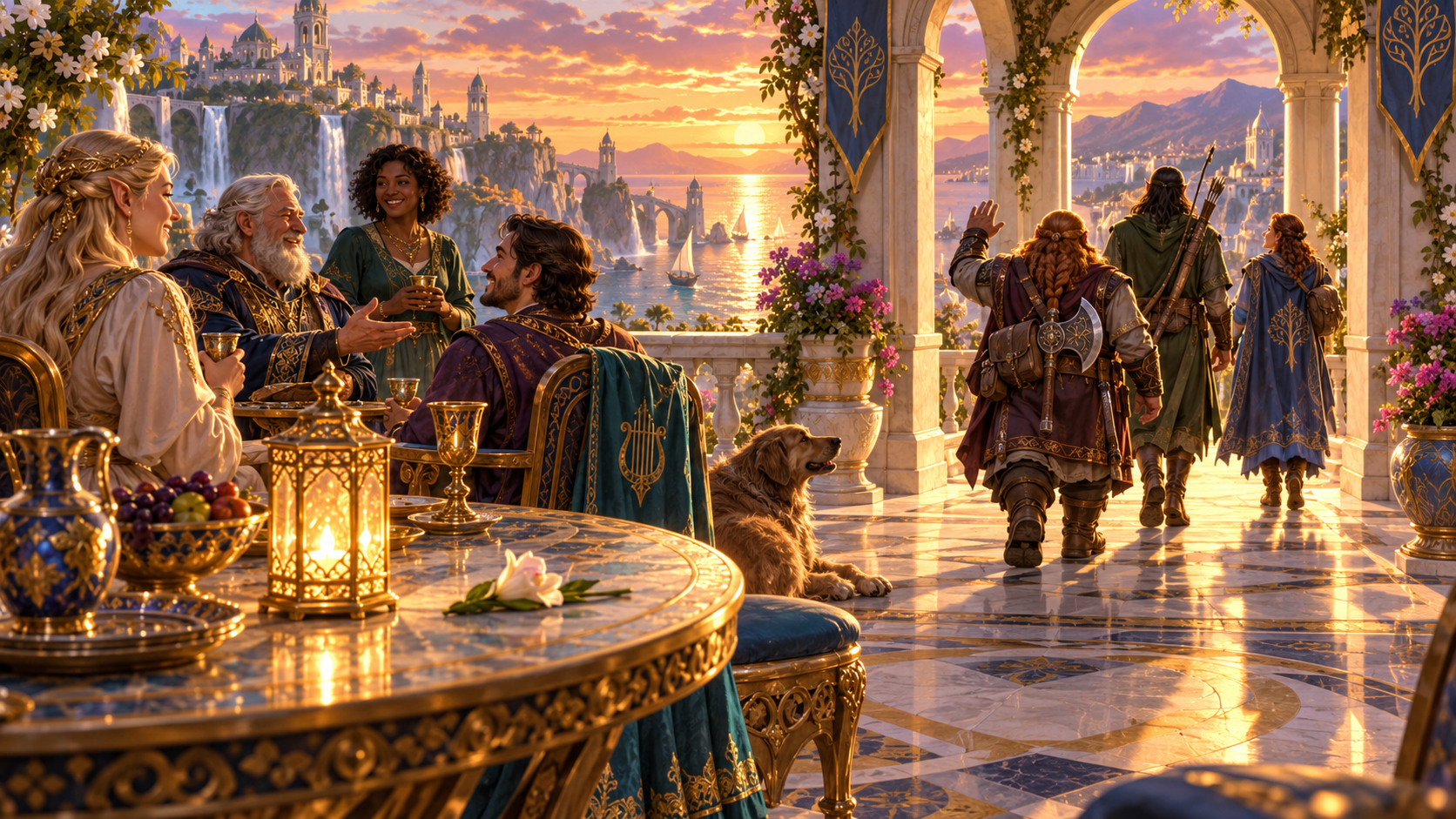 Fantasy illustration of a party walking away from a sunset terrace while the gathering at the table continues