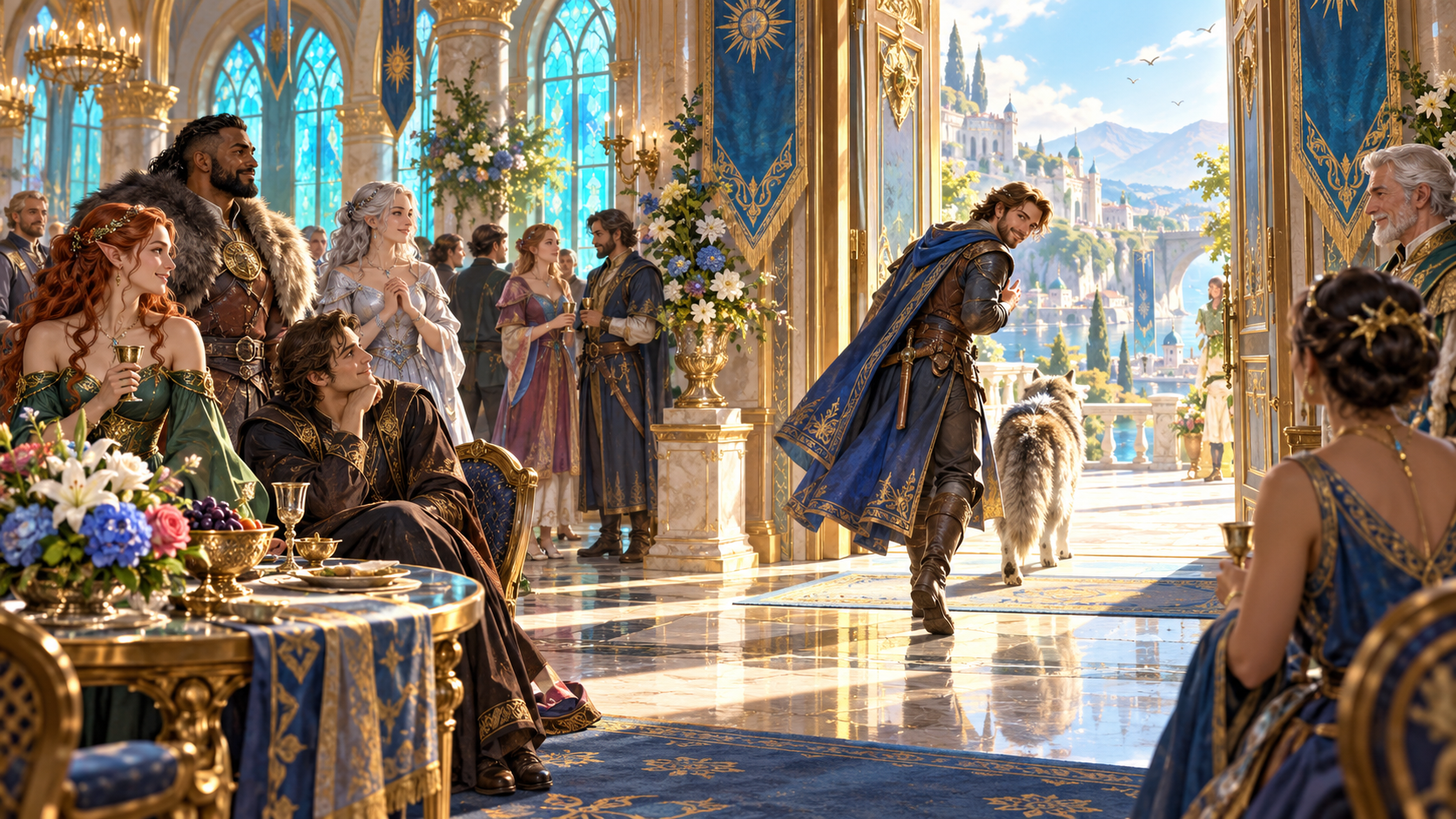 Fantasy illustration of a blue-cloaked character taking a final bow at a ballroom doorway while the gathering continues