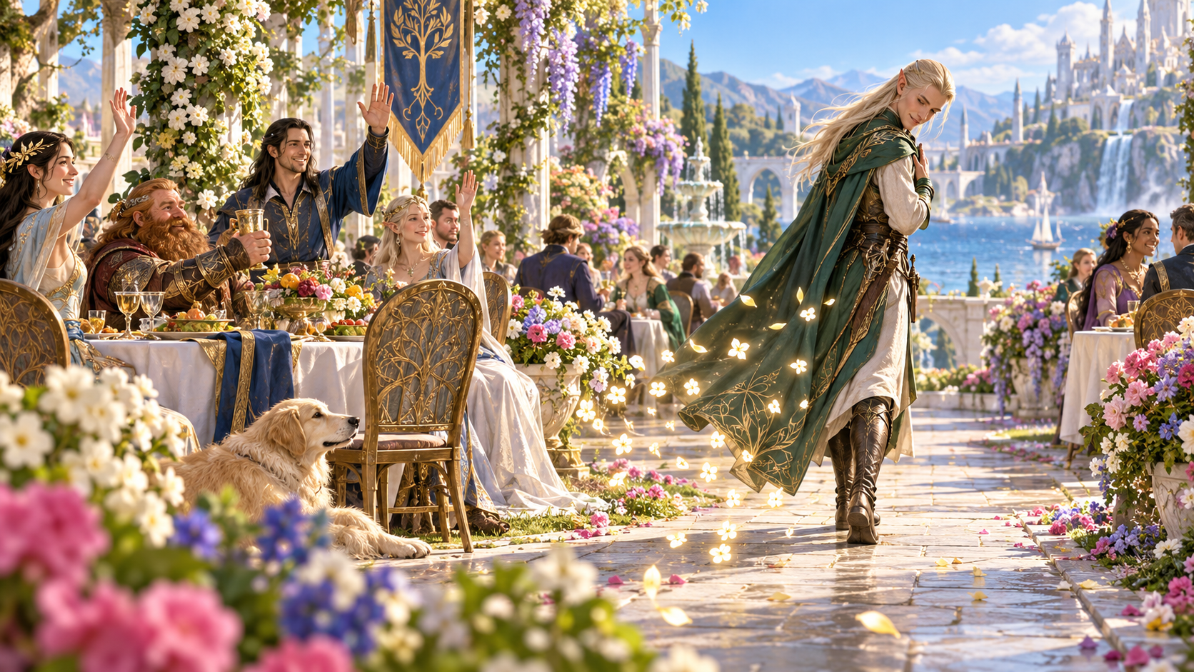 Fantasy illustration of an elven character bowing on a flower-filled garden terrace as companions wave farewell