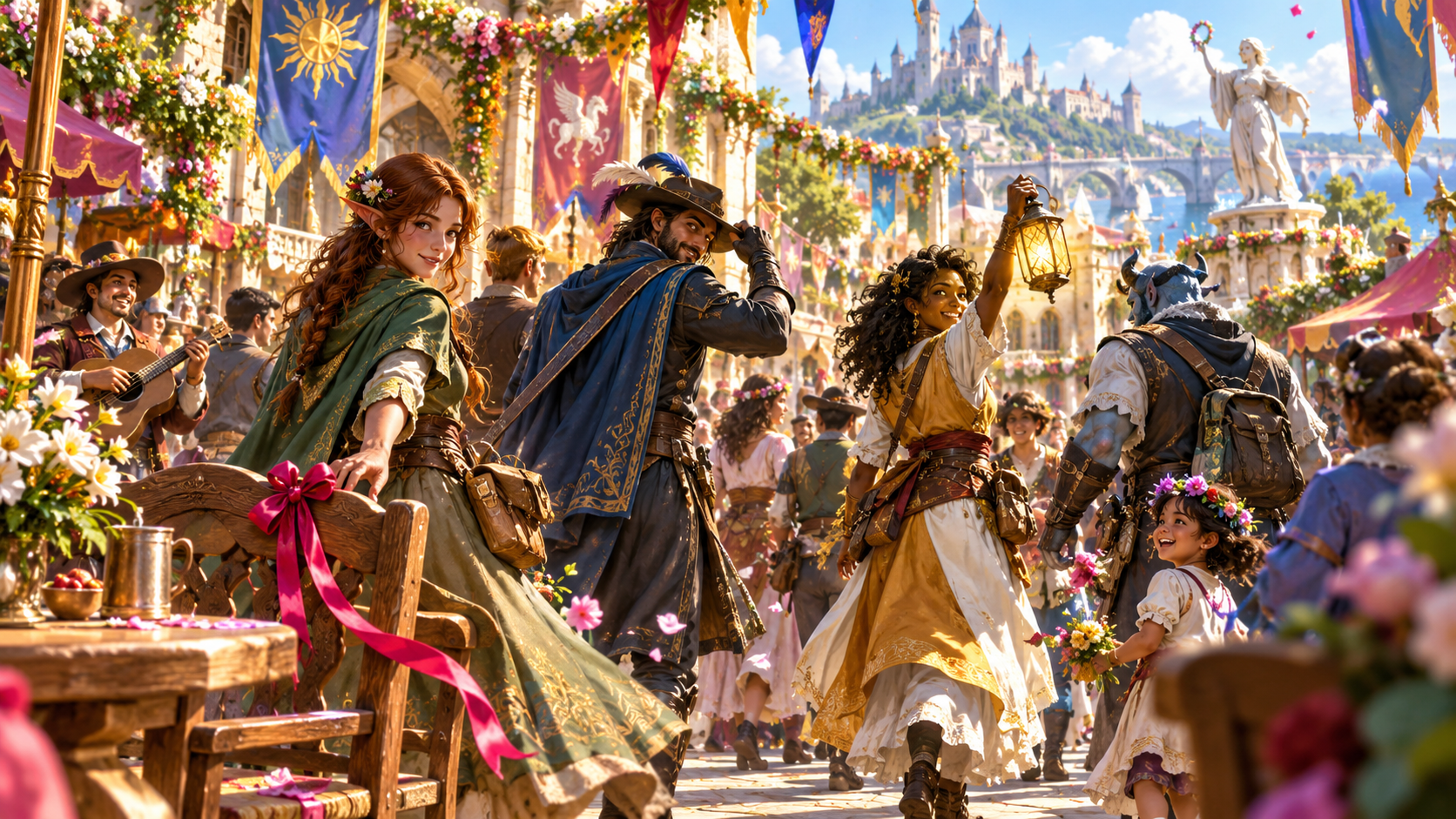 Fantasy illustration of a party departing through a festive crowd with a bright ribbon left on a chair